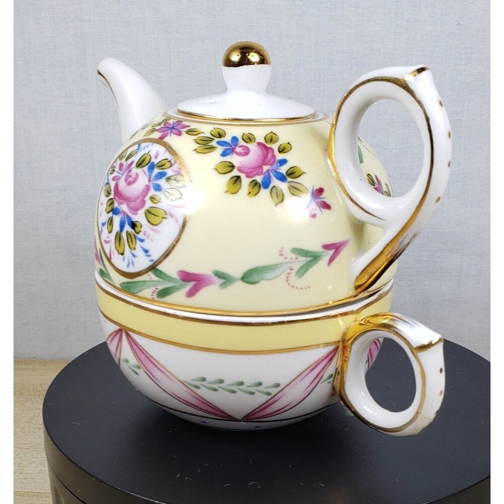 Vintage Nantucket Single Serve Teapot With Lid And Teacup Yellow Floral 4” Tall - Picture 10 of 16
